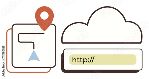 Navigation path with map marker, cloud representing storage, and URL bar for web access. Ideal for travel, programming, connectivity, technology, location cloud storage and routes. Simple flat