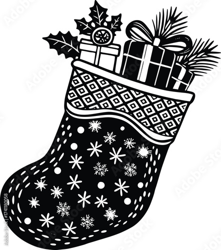 A classic red Christmas stocking overflowing with holiday gifts and seasonal decorations is a festive and merry sight
