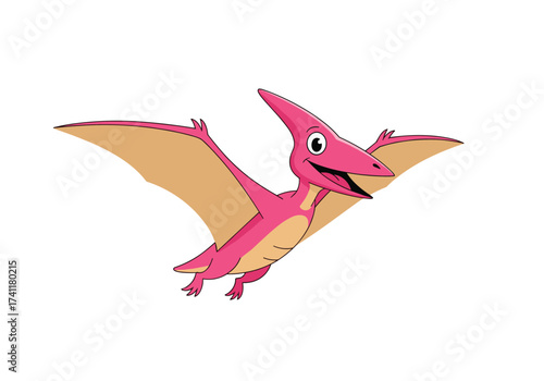 A friendly pink pterodactyl flies through the sky with large wings.