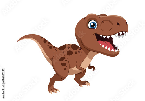 A cute cartoon tyrannosaurus rex dinosaur with big eyes and a wide smile.