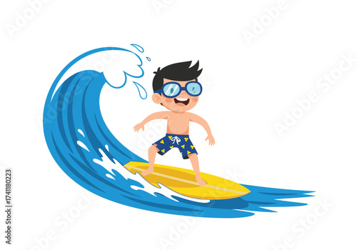 A cheerful young boy riding a surfboard on a big blue wave.