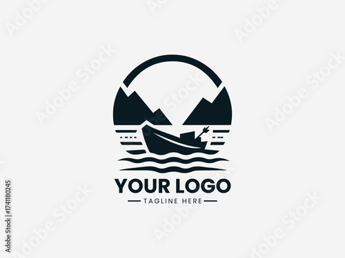 Bold adventure boat vector logo with rugged design and expedition details for outdoor company