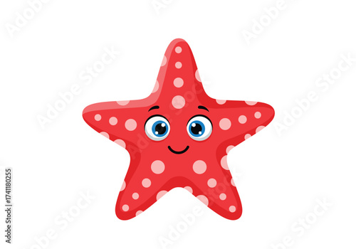 A cute little red starfish with white polka dots and big blue eyes smiles adorably.