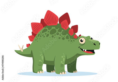 A friendly green dinosaur with red plates on its back and tail is walking.