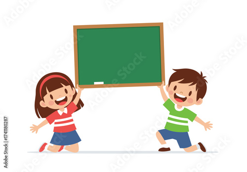 Two happy children holding a green blackboard with a chalk.