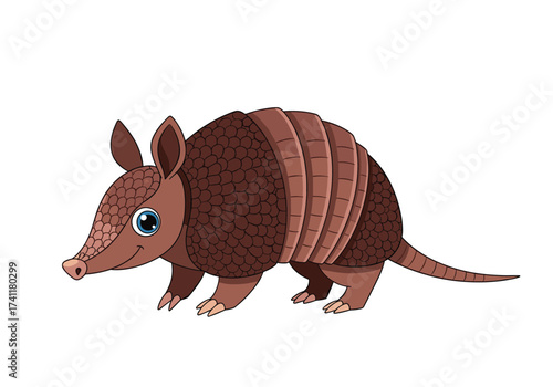 A cute cartoon armadillo with a brown shell and blue eyes is walking.