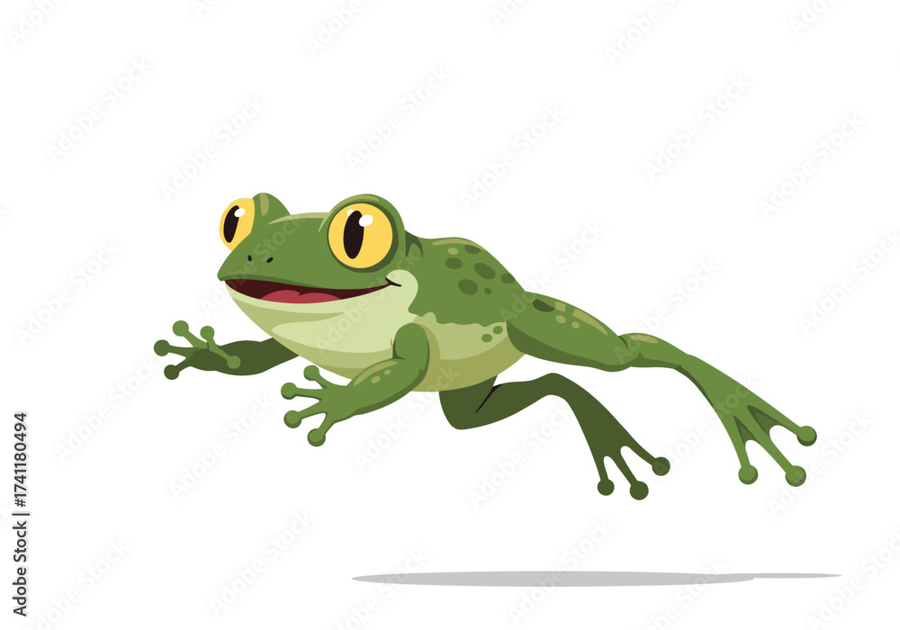 Obraz premium A happy green frog is leaping through the air with its legs extended.