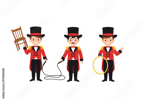 Three ringmasters performing in a circus with props.