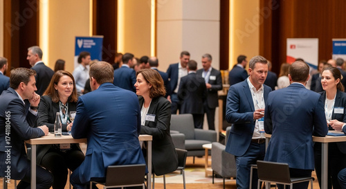 Engaged business professionals networking and discussing opportunities at a conference, fostering connections and collaborations in a professional setting