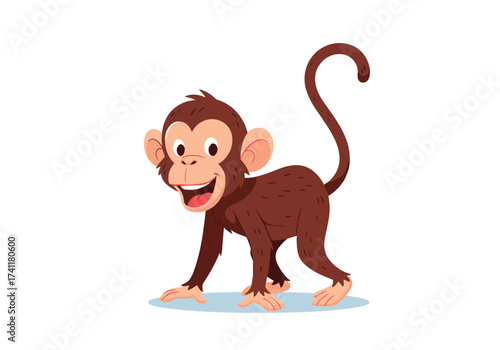A cute brown monkey with a long tail is standing happily on all fours.