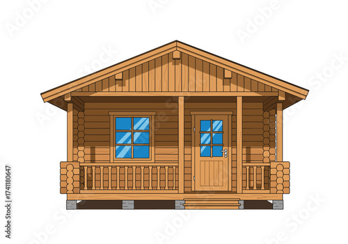 A cozy wooden cabin with a porch and two windows.