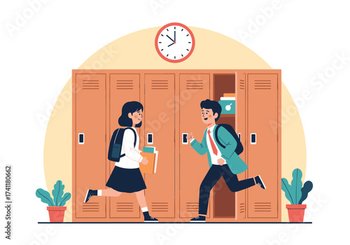 Two students in school uniforms running towards lockers.