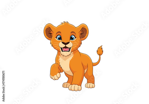 A cute cartoon lion cub is playing and having fun.