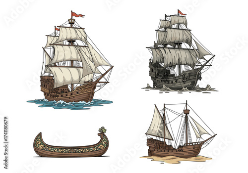 Four distinct maritime vessels from different historical periods depicted in an illustrative style.