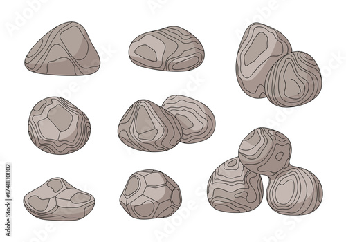 Collection of various smooth grey stones of different sizes and shapes.