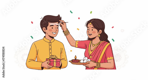 Joyful Indian sister applies tilak to brother's forehead during Diwali, Deepavali, or Bhai Dooj celebration with traditional thali and gift.