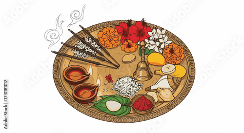 Traditional Diwali Puja Thali illustration with lit diyas, incense, flowers, and ritual offerings. Hindu festival of lights celebration.