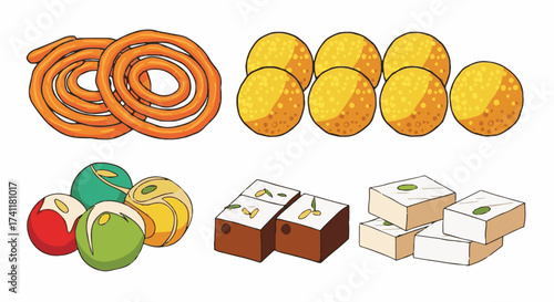 Traditional Indian Diwali festival sweets and snacks assortment. Deepavali festive treats vector illustration featuring laddu, barfi, chakli.