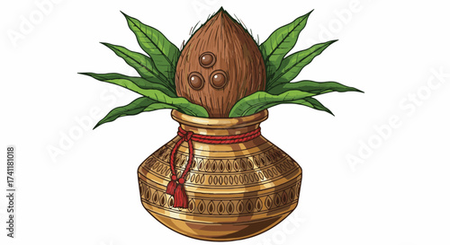 Traditional Hindu Kalash pot with coconut and mango leaves, an auspicious symbol for Diwali, Deepavali, Indian festivals, and spiritual prosperity.