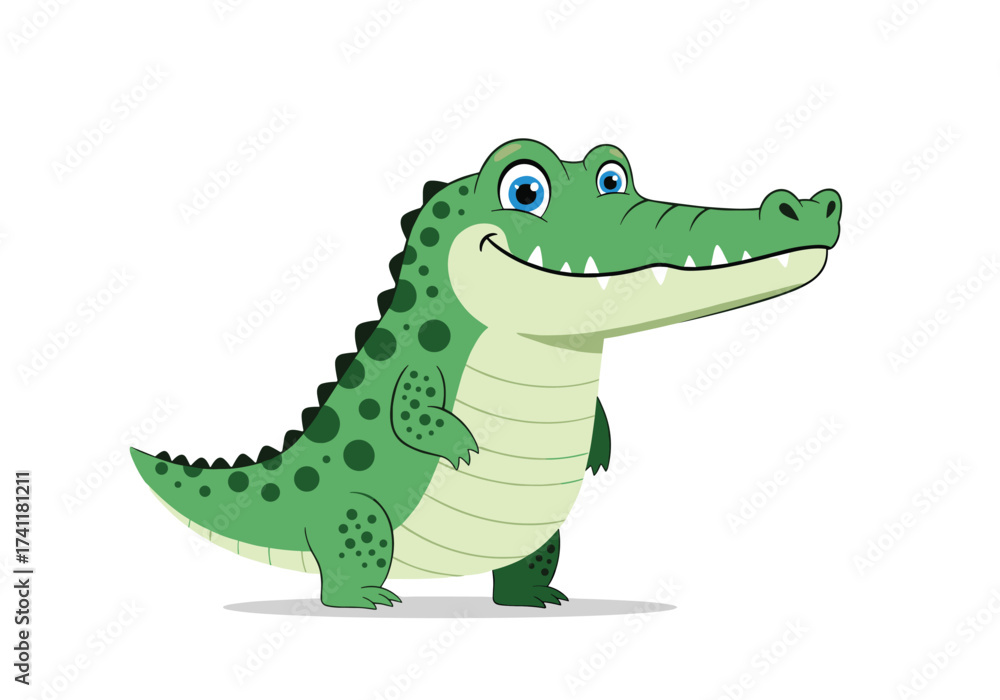 Fototapeta premium A happy green cartoon alligator stands on a white background.