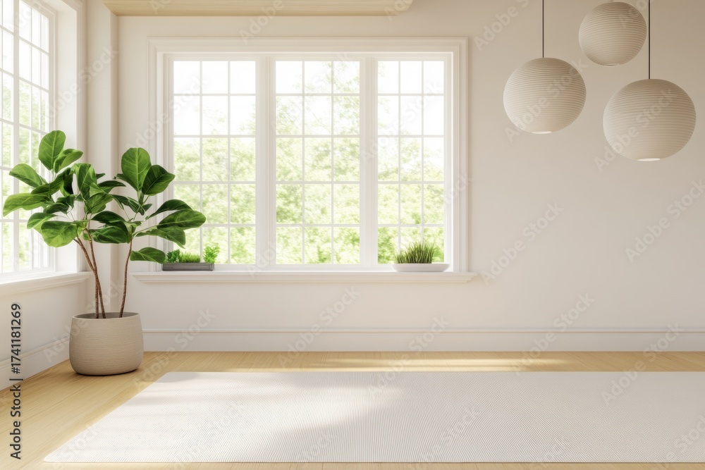 Fototapeta premium Serene Interior Space with Natural Light: A bright, airy interior space features a large window offering scenic views, complemented by a lush plant and minimalist decor.