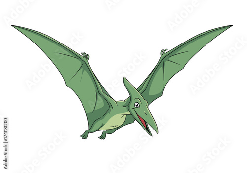 A green prehistoric flying reptile soaring through the sky.