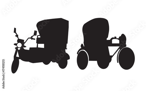 Silhouettes of auto rickshaw and tuk tuk vehicles. Vector illustration of three-wheeler transport icons isolated on white background for design and graphic use.