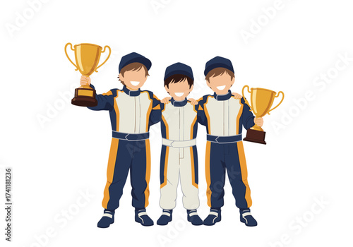 Three young race car drivers are celebrating their victory holding trophies.