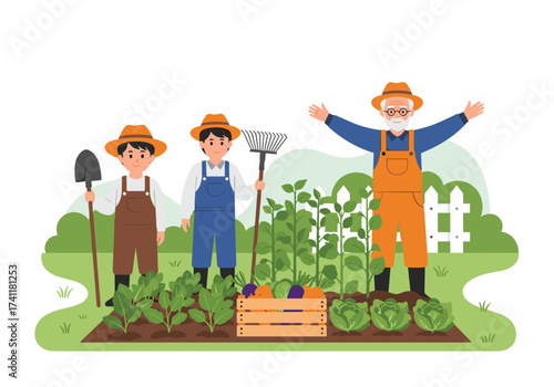 A multigenerational family working together in their bountiful garden.