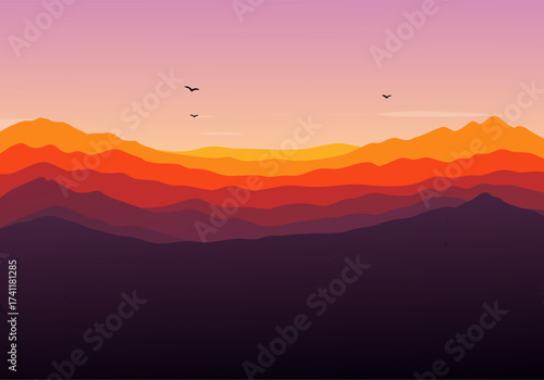 Vibrant minimalist mountain landscape illustration at sunset, showcasing layered peaks under a colorful gradient sky with graceful birds. A serene vector art representation of nature's beauty