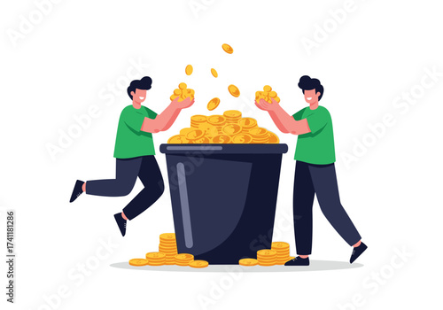 Two people happily collecting gold coins from a large bucket.