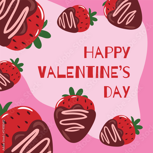 Valentine s Day sale banner template. Square vector illustration with strawberry in chocolate