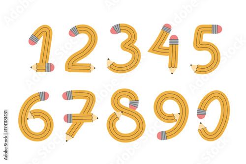 Cute flexible pencils bent into in numbers from 0 to 9. Funky flexible school supplies. Vector illustration