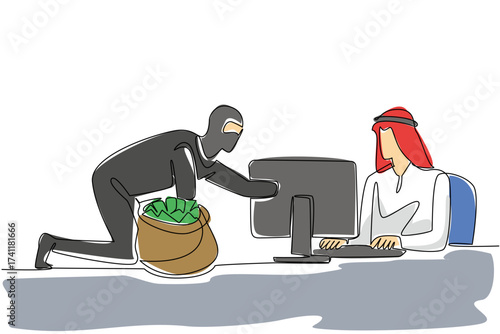Single continuous line drawing arab man typing and thief putting money into money bag. Fatal system weakness. Hacking accounts. National Senior Fraud Awareness Day. One line design vector illustration