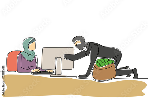 Single one line drawing an arab woman typing and a thief putting money into a money bag. Helpless. Very bad system. National Senior Fraud Awareness Day. Continuous line design graphic illustration
