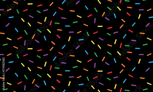 A vibrant and playful sprinkle pattern on a dark background, perfect for adding a touch of fun and whimsy to any design, creating a festive and celebratory atmosphere