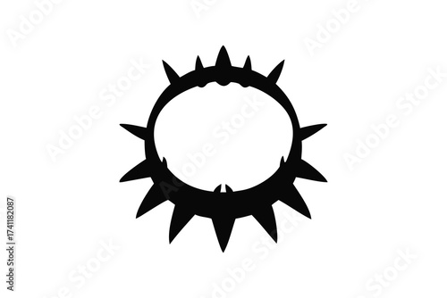 A stark black silhouette of a spiky circular emblem or crest with sharp points radiating outwards against a clean white background