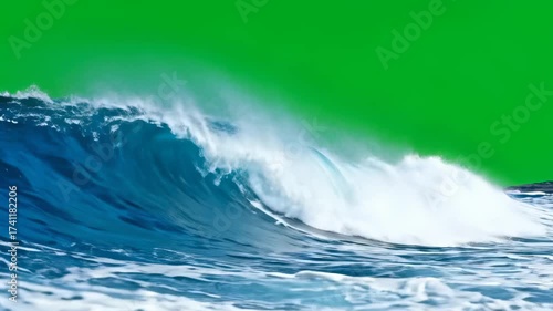 Ocean wave with green screen background. Powerful sea wave crashing against a surreal chroma key sky, ideal for creative video editing and visual effects.