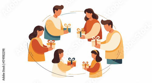 Diverse Group of Happy People Exchanging Festival Gifts in a Circle, Symbolizing Community, Joy, and Sharing. Flat Vector Illustration.
