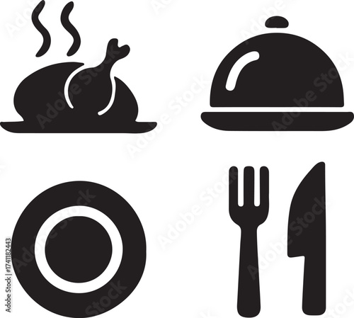 Set of four black and white icons representing food and dining.