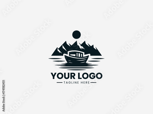 Bold adventure boat vector logo with rugged design and expedition details for outdoor company