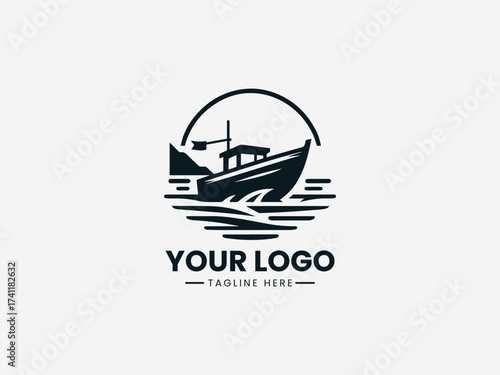 Bold adventure boat vector logo with rugged design and expedition details for outdoor company