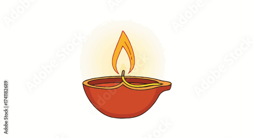 Traditional Indian Diya lamp illustration, glowing with a bright flame, symbolizing Diwali, the Hindu festival of lights, purity, and prosperity.