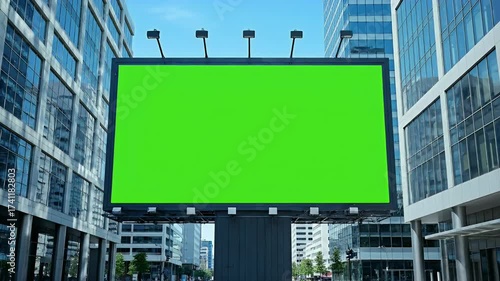 Large urban billboard with green screen display in a modern city street framed by glass skyscrapers, advertising mockup