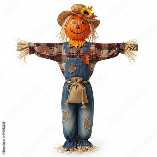 Whimsical scarecrow dressed in plaid shirt and denim overalls, featuring a pumpkin head adorned with a straw hat and sunflower, perfect for autumnal decorations and harvest celebrations