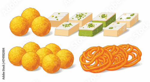 Assortment of traditional Indian sweets like ladoo, barfi, and jalebi, perfect for Diwali and festive celebrations. Deepavali dessert.