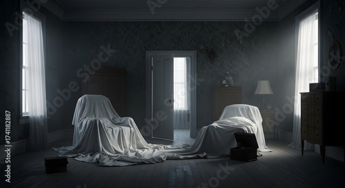 Two draped chairs in a dimly lit room with an open doorway and antique furniture