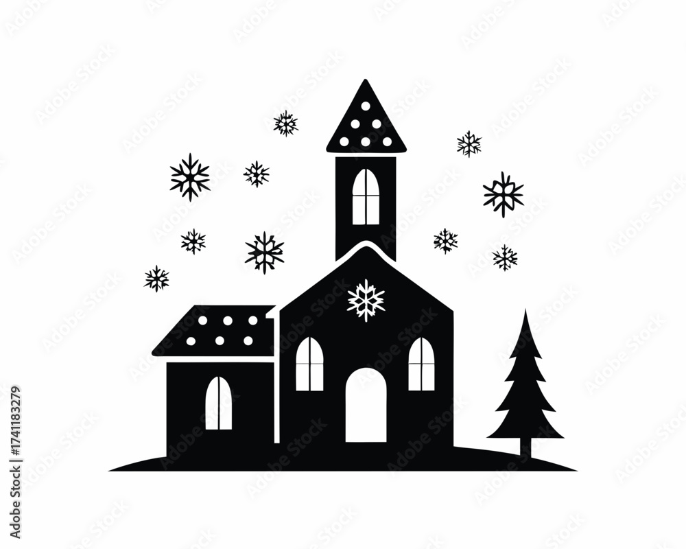 Fototapeta premium Christmas church with snow icon, winter holiday illustration isolated on white background