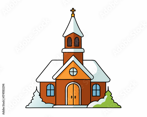 Christmas church with snow, winter holiday illustration isolated on white background
