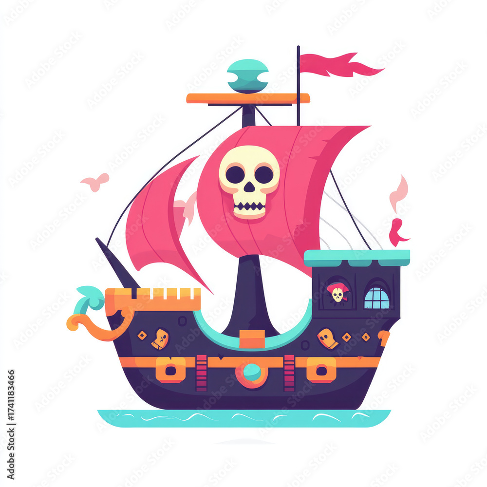 Fototapeta premium vibrant pirate ship with skull emblem and colorful sails, sailing on calm waters. design features playful elements, making it appealing for children and adventurous themes